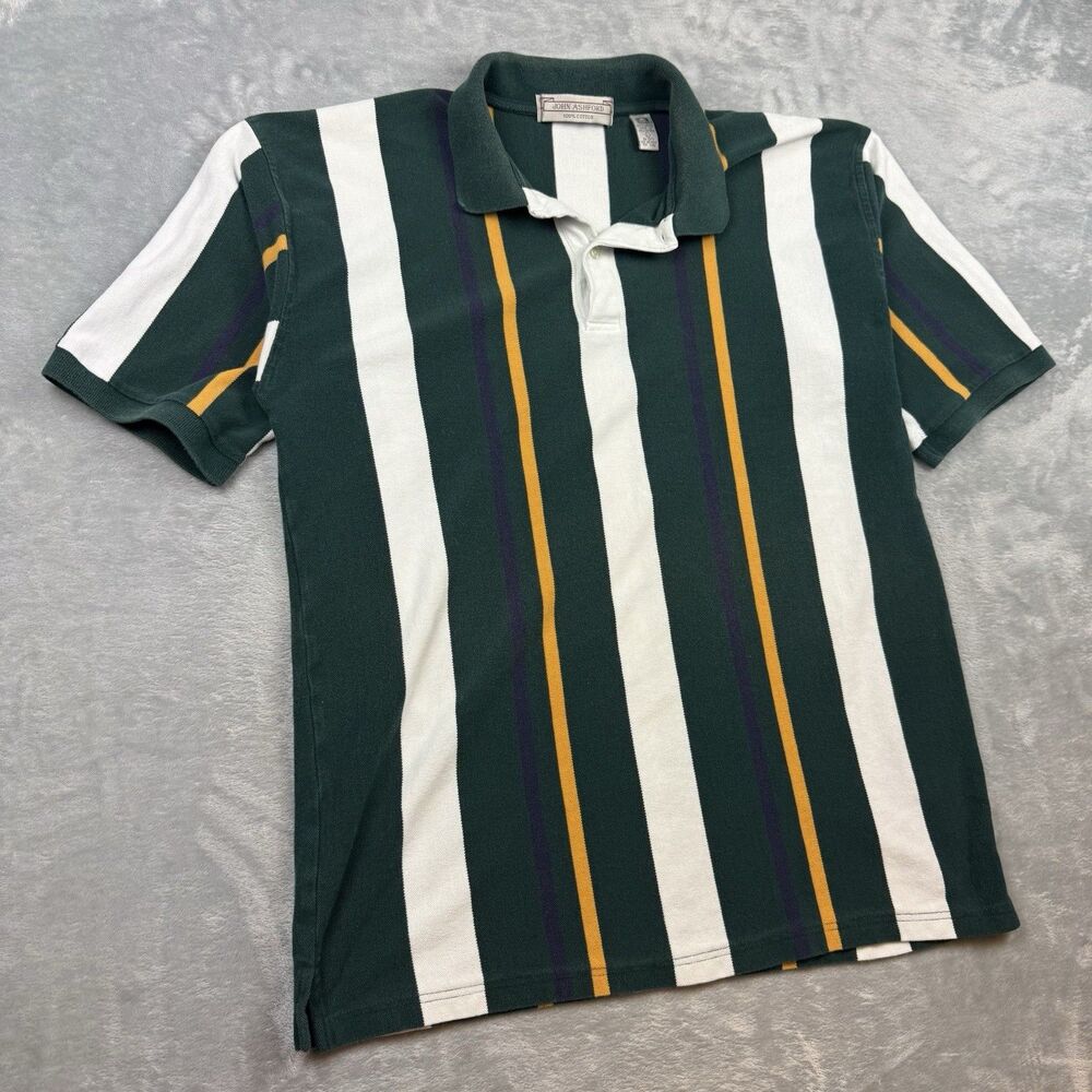 Vintage John Ashford Striped Polo Shirt Green White Yellow Mens Large